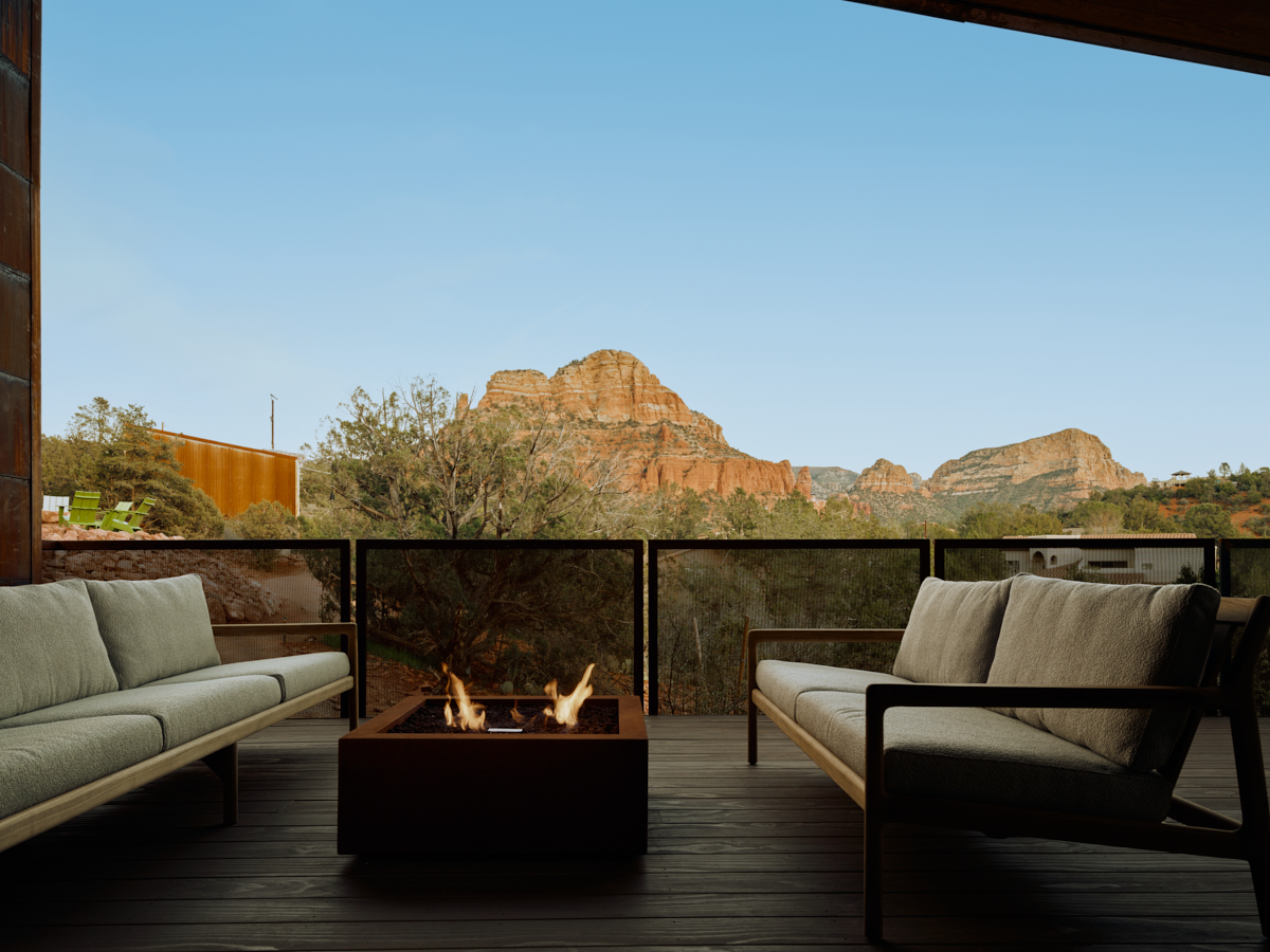 Covered patio with fire pit and views of Sedona Red Rocks