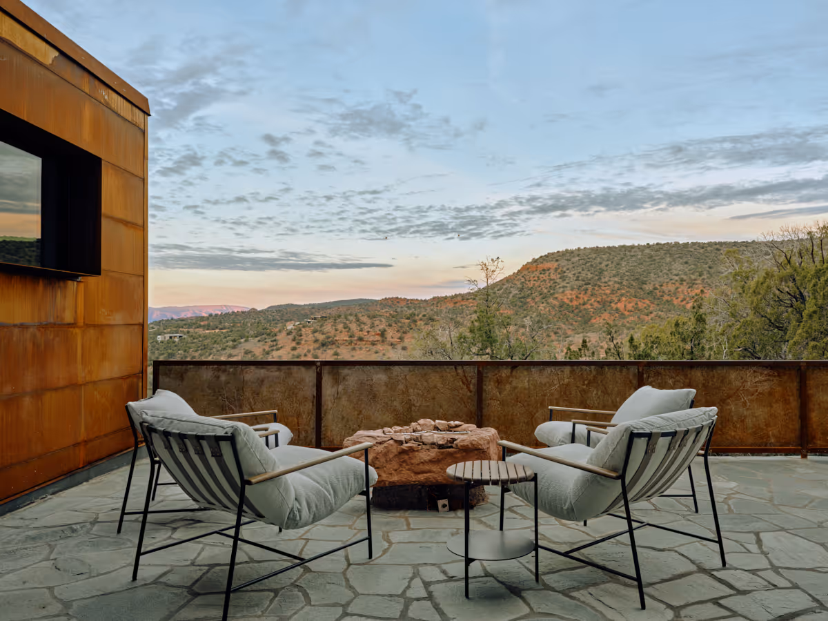 Fox a modern desert home in Sedona fire pit with national forest views