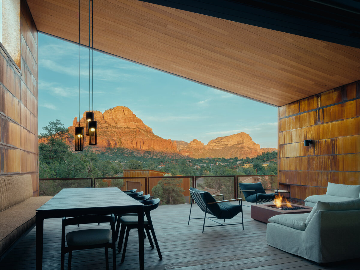 covered patio with red rock views at Fox a modern rental home in Sedona