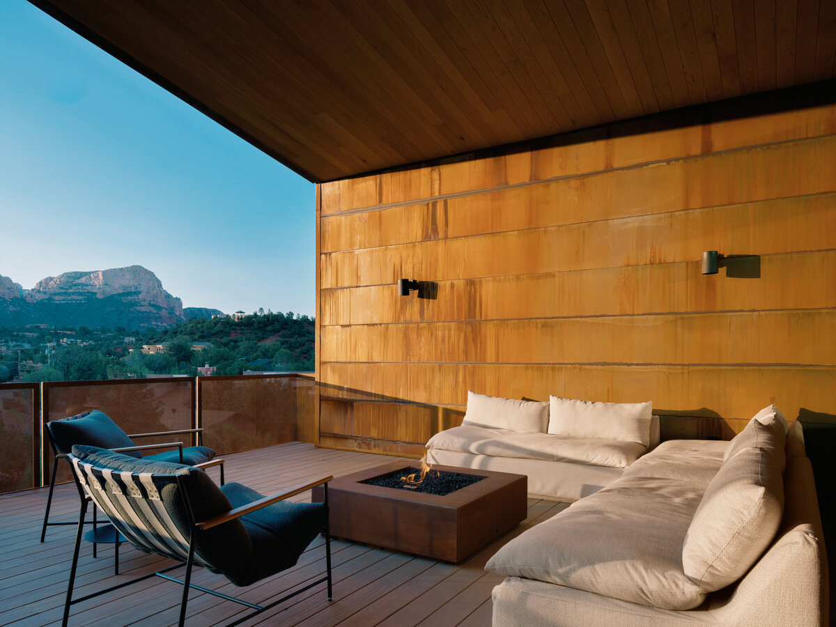 covered patio with red rock views at Fox a modern rental home in Sedona