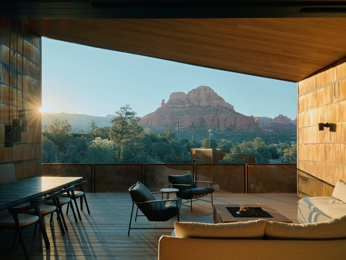 covered patio with red rock view at Fox a modern rental home in Sedona