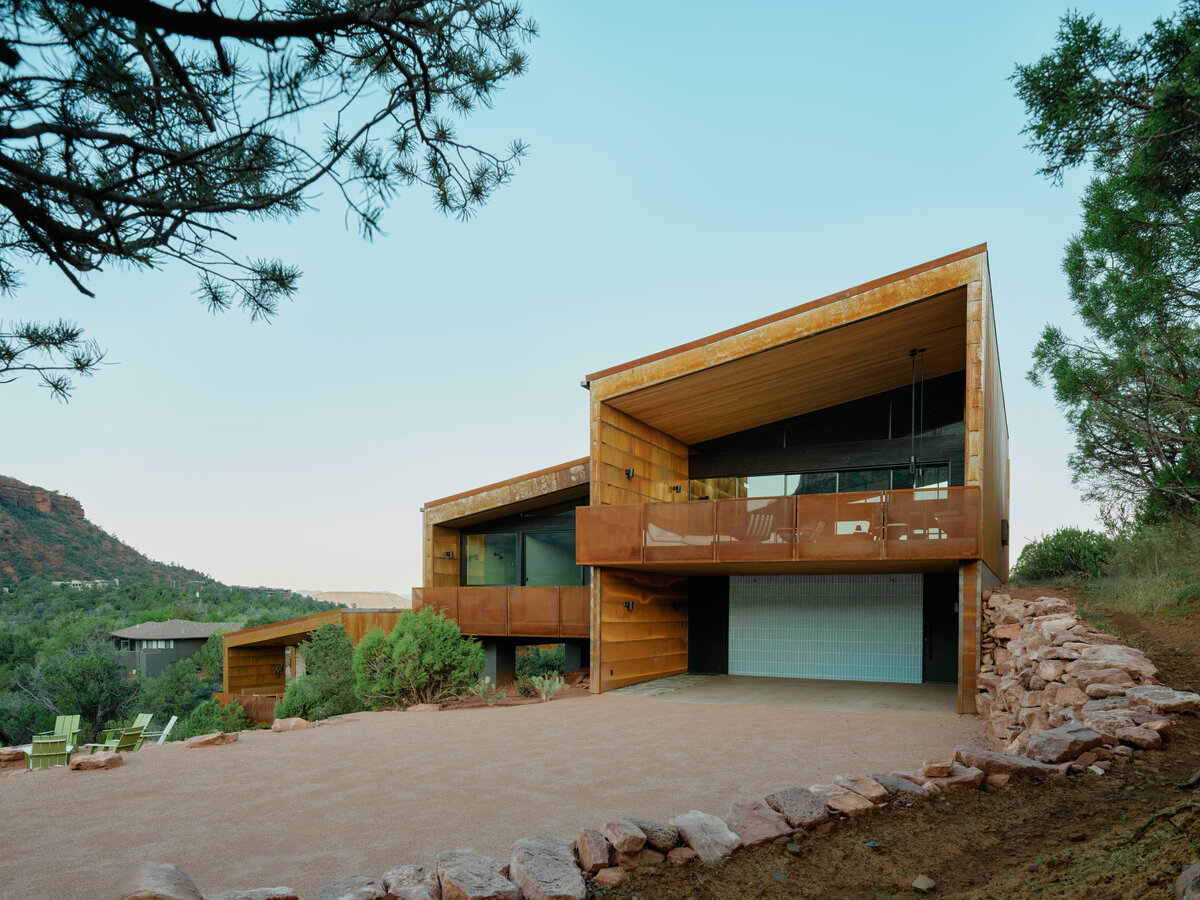 Fox a modern desert home in Sedona fire pit with national forest views
