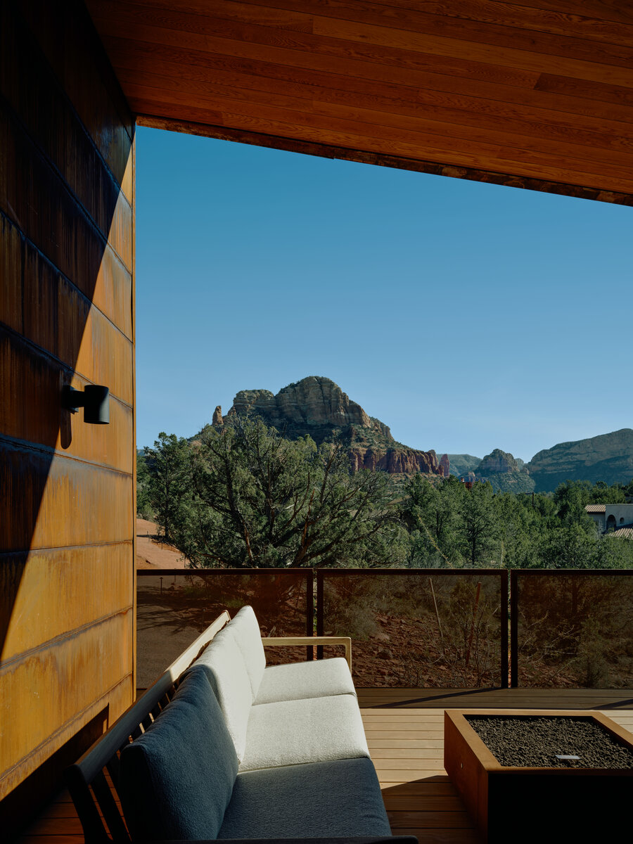 covered patio with red rock views at Kit a modern home rental in Sedona