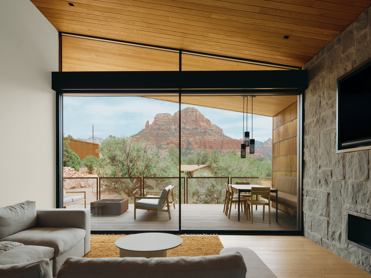 Living room at Kit a modern home rental in Sedona