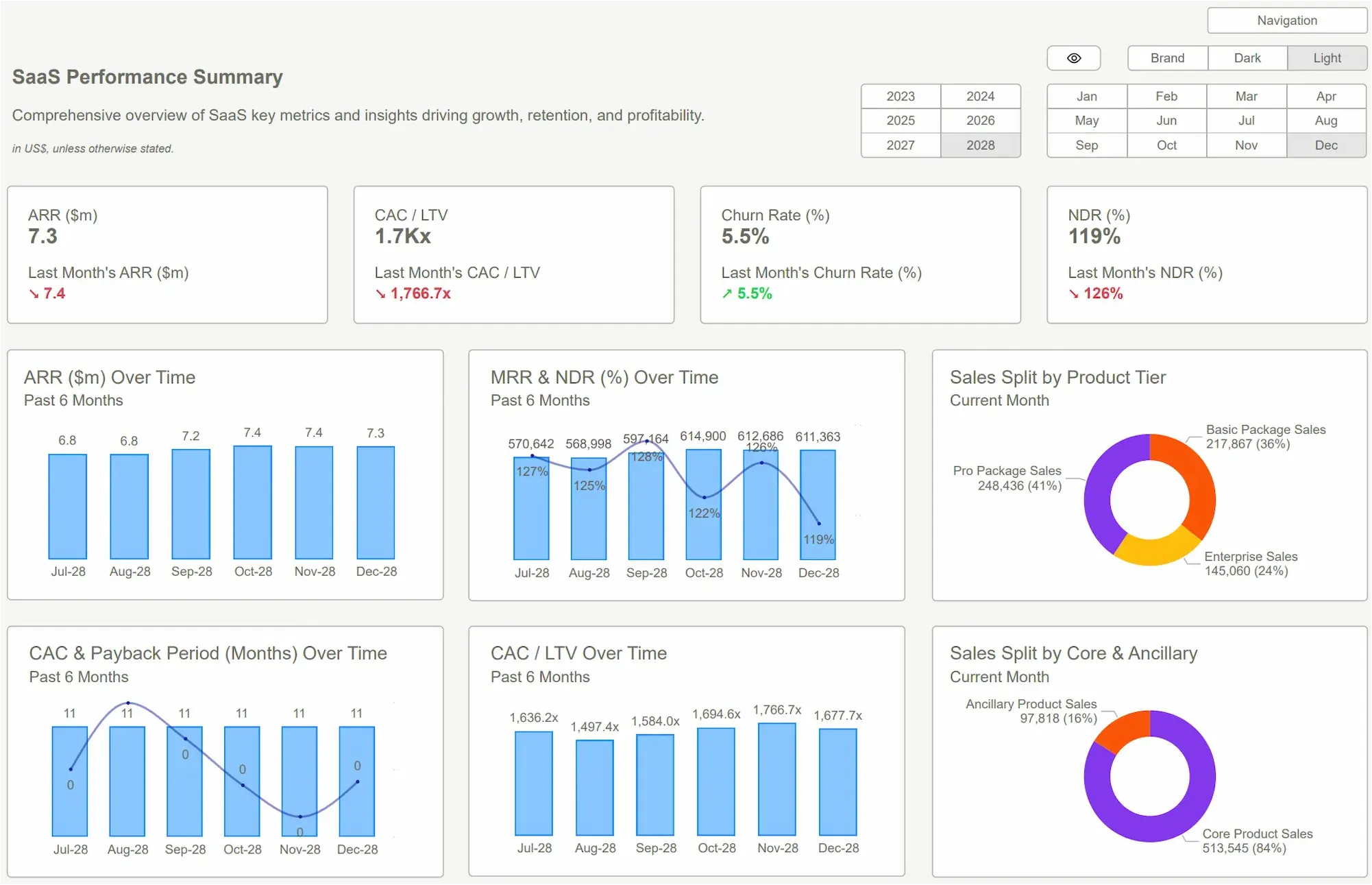 Forensic accounting dashboard for SaaS sales and marketing, showing customer acquisition cost, churn rates, LTV, and campaign performance.