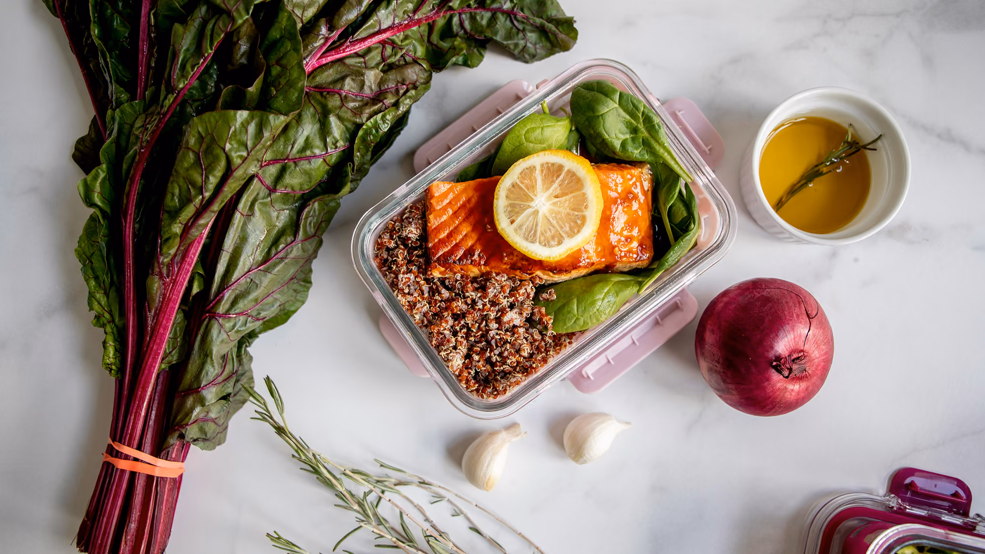 Whole food meal on a marble surface.