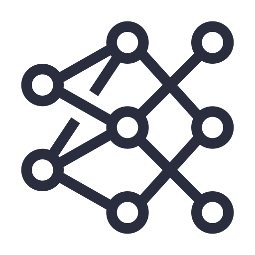icon with several circular nodes connected by straight lines representing a neural network