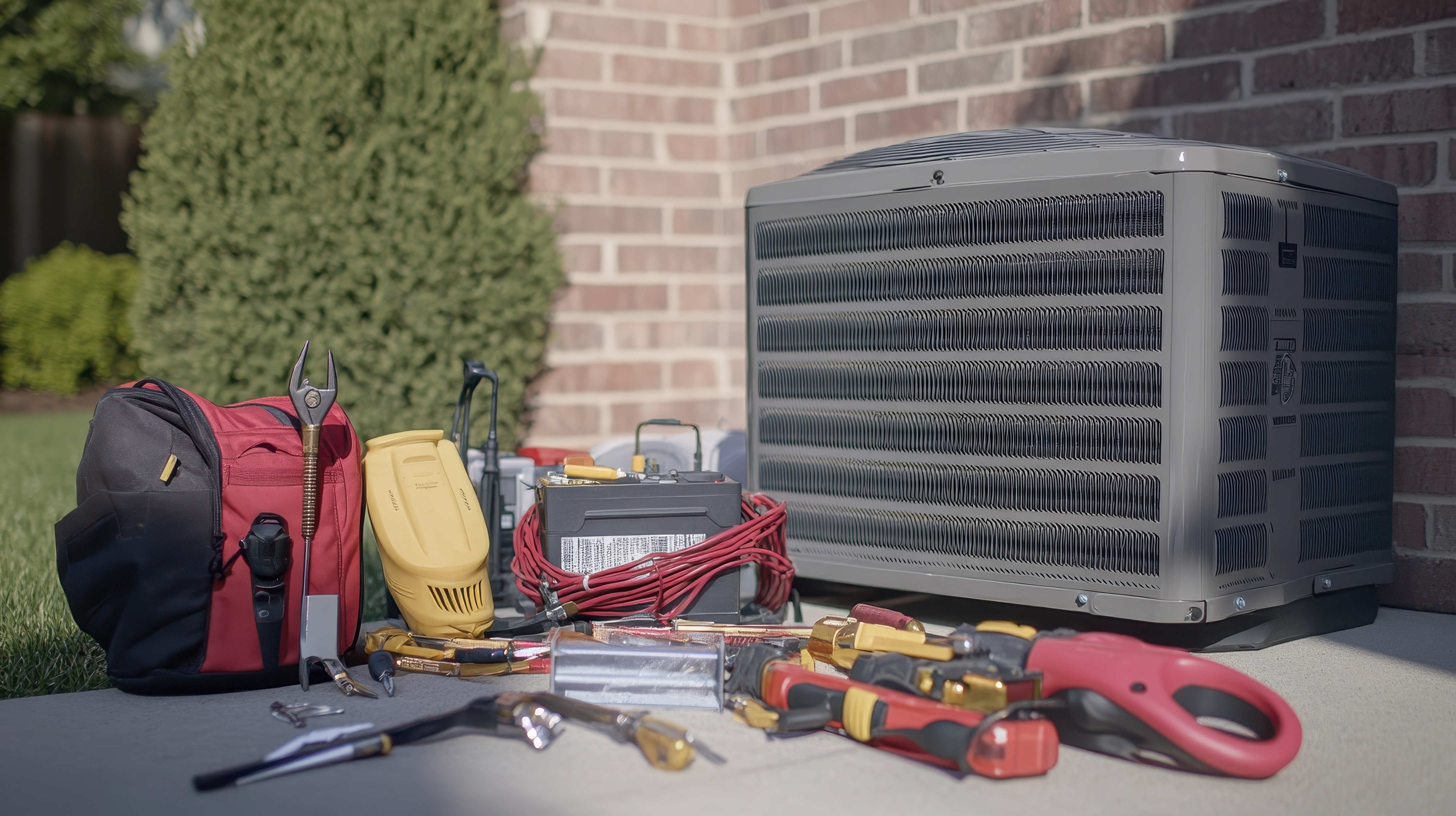 Tools next to an A/C condenser