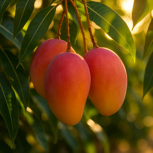Group of mangos handing from tree