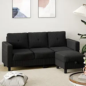 Shintenchi 76" Modern Upholstered Sectional Sofa, L-Shaped Couch with Storage Ottoman and Reversible Chaise for Living Room, Black Corduroy Fabric