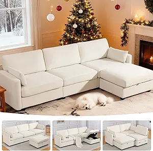 109'' Modular Sectional Sofa, L Shaped Couch with Storage Ottoman, Comfy Cloud Sofa with Deep Seat, 4 Seat Convertible Sectional Couches for Living Room (Beige, Low Legs 1.97")