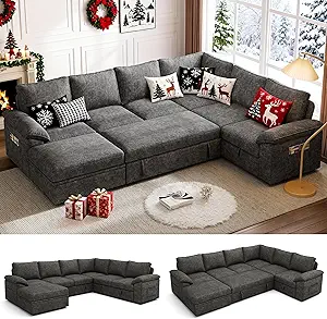 108 Inch Sectional Sleeper Sofa with Pull Out Bed, U Shaped 7 Seat Modular Sectional Sofa with Storage, Sectional Couches for Living Room, Cloud Modular Couch,Removable Sofa Cover, Dark Grey