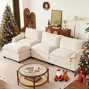 114 Inch Modular Couch Sectionals with Ottoman, Big Comfy Cloud Couches, L Shaped 4 Seat Modular Sectional Sofa, Modern Cloud Sectional Couches for Living Room, Deep Seat Sofa, Beige