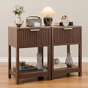 Nightstands Set of 2, Mid Century Modern Bedside Table with Drawer and Opening Storage, Wood End Table for Living Room Fluted Night Stand with Solid Wood Legs for Bedroom, Walnut, 2pcs
