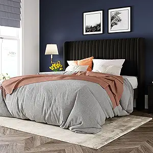 Allewie Queen Size Velvet Bed Frame/Vertical Channel Tufted Wingback Headboard/Upholstered Platform Bed/Strong Wooden Slats/No Box Spring Needed/Easy Assembly/Black