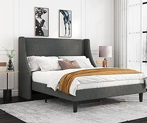 Allewie Platform Bed Frame Queen Size with Upholstered Headboard – Modern Deluxe Wingback Design, Wood Slat Support, Light Grey