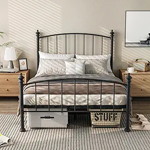 Full Size Metal Platform Bed Frame, Victorian Wrought Iron-Art Design,Mattress Foundation with Headboard & Footboard, Under Bed Storage, No Box Spring Needed, Black