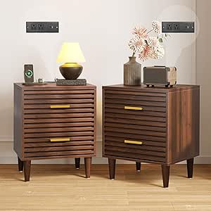 Alohappy Night Stands with Charging Station Set of 2, Mid Century Modern Nightstands, Wooden Bedside Table for Bedroom, End Table with Storage Drawers, Bed Side Table with USB Outlets, Brown 2pcs