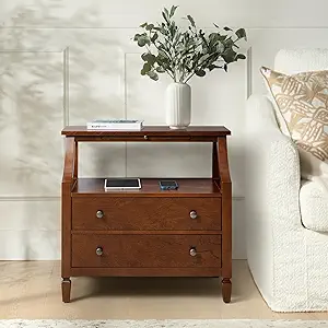HULALA HOME Large Farmhouse End Tables with Charging Station, Mid-Century Modern 2 Drawer Side Table, End Table with Pull Out Shelf and Hidden Storage Space, Walnut