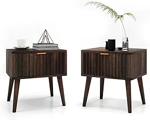 MUUEGM Fluted Nightstand Set of 2 Mid Century Modern End Table with Drawer Walnut Bedside Table with Storage Solid Wood End Side Table for Living Room and Bedroom