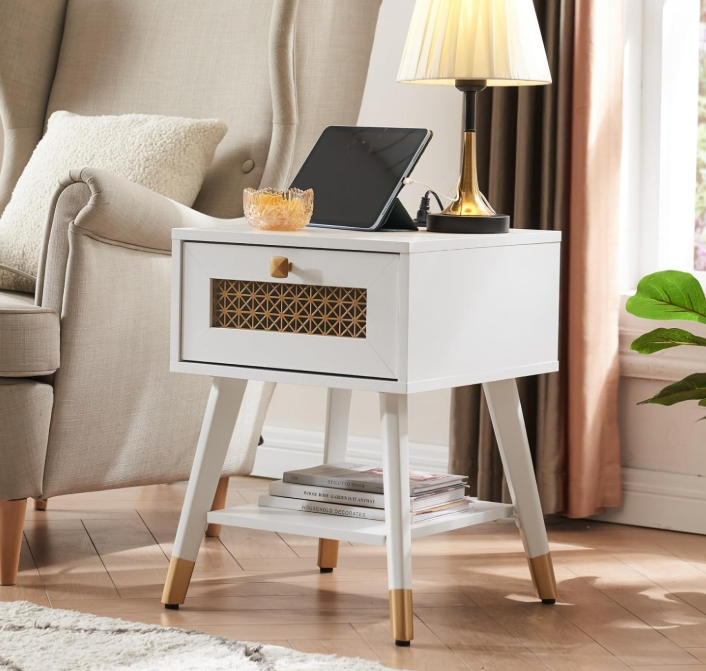 Mid Century Modern End Table for Living Room, Rustic Oak Small Side Tables with Charging Station, Outlets and USB Ports, Wood Nightstand with Storage Drawer and Open Shelf