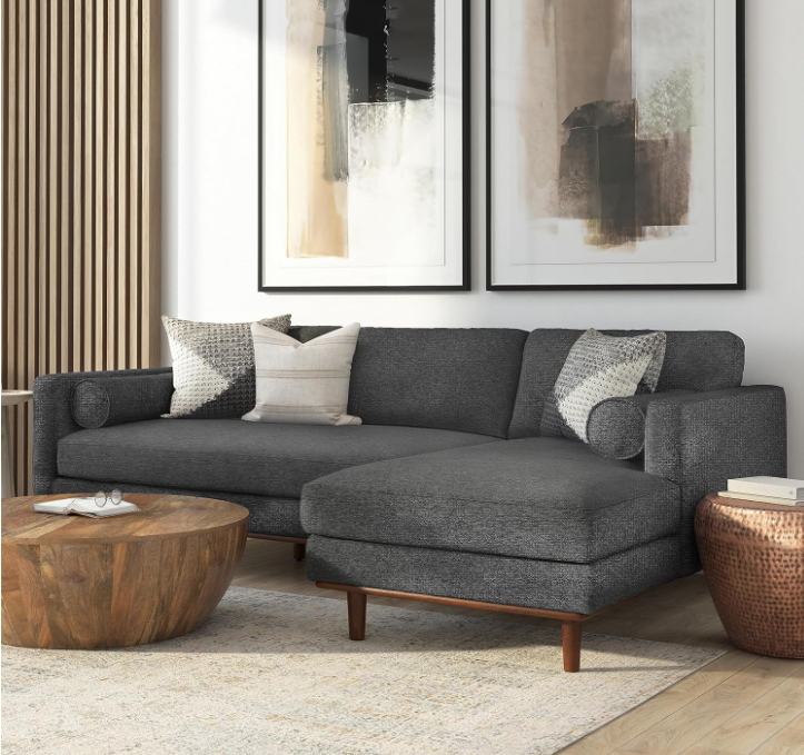 SIMPLIHOME Morrison Right Sectional Sofa in Woven-Blend Recycled Polyester Fabric, Charcoal Grey, 102-inches Wide