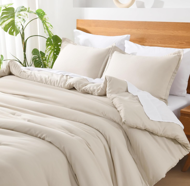 Andency Beige Queen Comforter Set - 7 Pieces Cream Bed in a Bag Queen Bedding Comforter Sets, Summer Solid Soft Lightweight Comforter with Fitted Sheets, Flat Sheets, Pillowcases & Shams