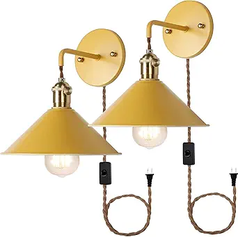 Yellow Plug in Wall Sconces Set of Two Wall lamp with Plug in Cord of 2 for Bedroom Hanging Wall Lights E26 Edison Brass lamp Holder with Frosted Paint Body Bedside
