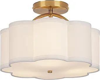Semi Flush Mount Ceiling Light, 11.8" Modern 3-Light Fixture with Petal-Shaped Cream White Fabric Shade and Golden Support Arm, Ideal for Bedroom, Kitchen, Living Room, Hallway, and Entryway