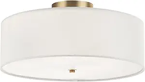 Globe Electric 2-Light Flush Mount Ceiling Light, Matte Brass Finish, White Linen Shade, E26 Base, Dimmable, Minimalist Home Lighting, 60998