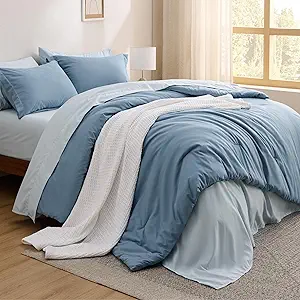 Bedsure Oversized Queen Comforter Set - 7 Pieces Grayish Blue Oversized Queen Bedding Set for All Seasons, Boho Contrasting Design Bed in a Bag with Comforter, Sheets, Pillowcases & Shams