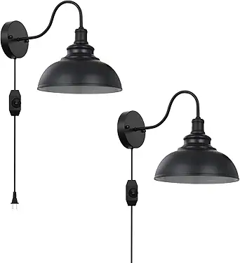 Black Gooseneck Industrial Wall Sconces E26 Base with Plug in Wall Lamp Dimmer Switch Vintage Style Wall Light Fixture for Farmhouse Bedroom Bedside Nightstand Headboard Porch Garage of 2 Set Packs