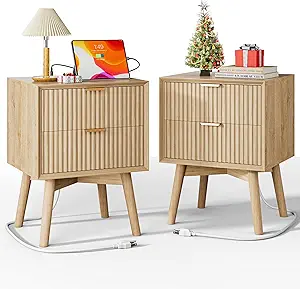 Fluted Nightstand, Night Stand Set 2, Modern Nightstands Set of 2 with Beveled Edge & Solid Wood Legs, 2 Drawer End Table with Charging Station, Wooden Bedside Table for Bedroom,Natural Oak