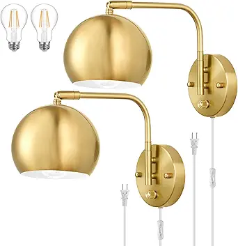 Wall Sconces Plug in, Dimmable Wall Sconce Swing Arm Wall Lights with Plug in Cord and Dimmer On/Off Knob Switch, Brushed Brass Globe Wall Light for Bedroom Bedside Hallway(2 Bulbs Included)