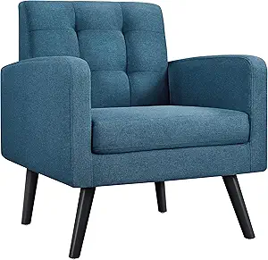 Yaheetech Mid-Century Accent Chairs, Modern Upholstered Living Room Chair, Cozy Armchair Button Tufted Back and Wood Legs for Bedroom/Office/Cafe, Navy Blue