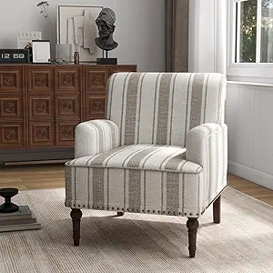UIXE Stripe Accent Chair, Modern Upholstered Armchair in Fabric for Living Room, Nailhead Trim Club Arm Chair Comfy Single Sofa Bedroom Reading Seat with Wood Legs - Brown