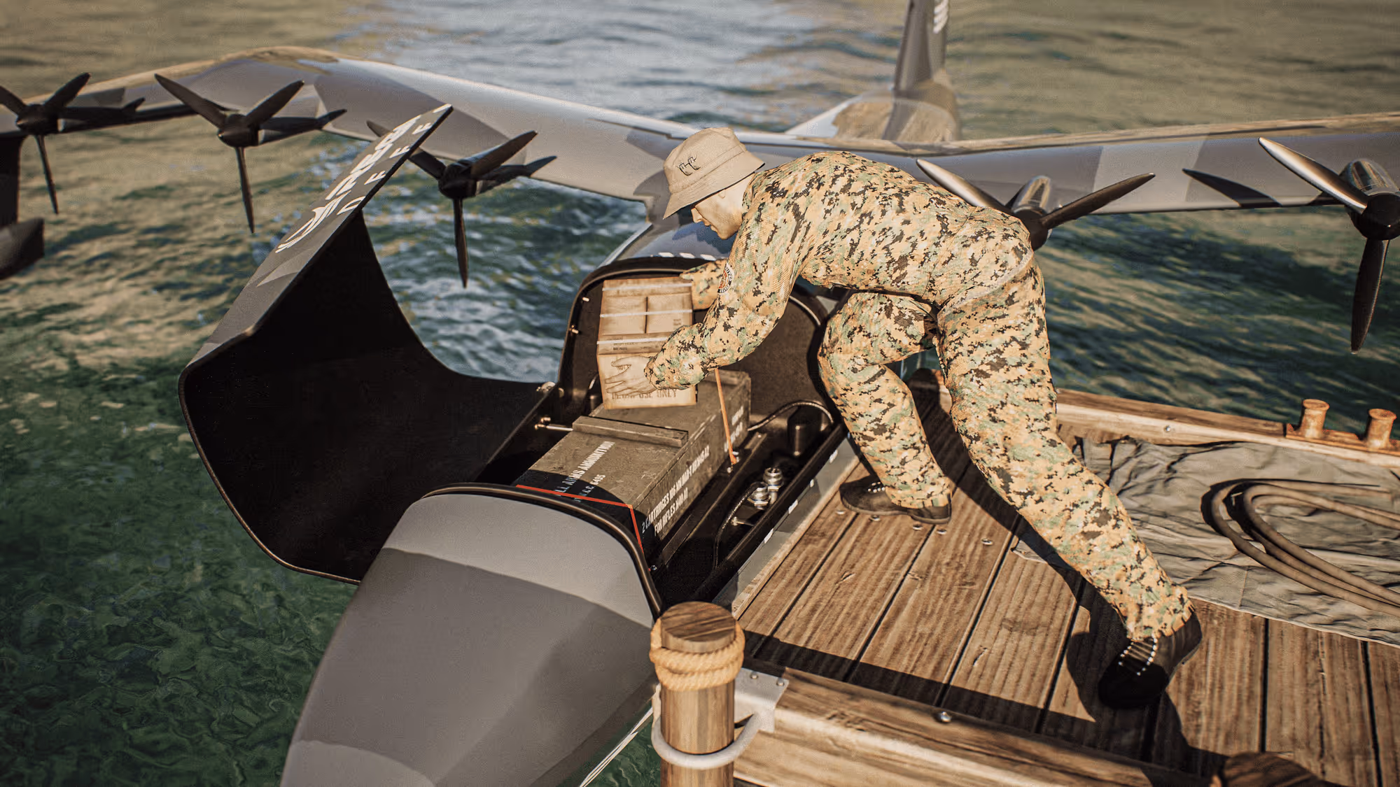 a soldier loading cargo into a seaglider 