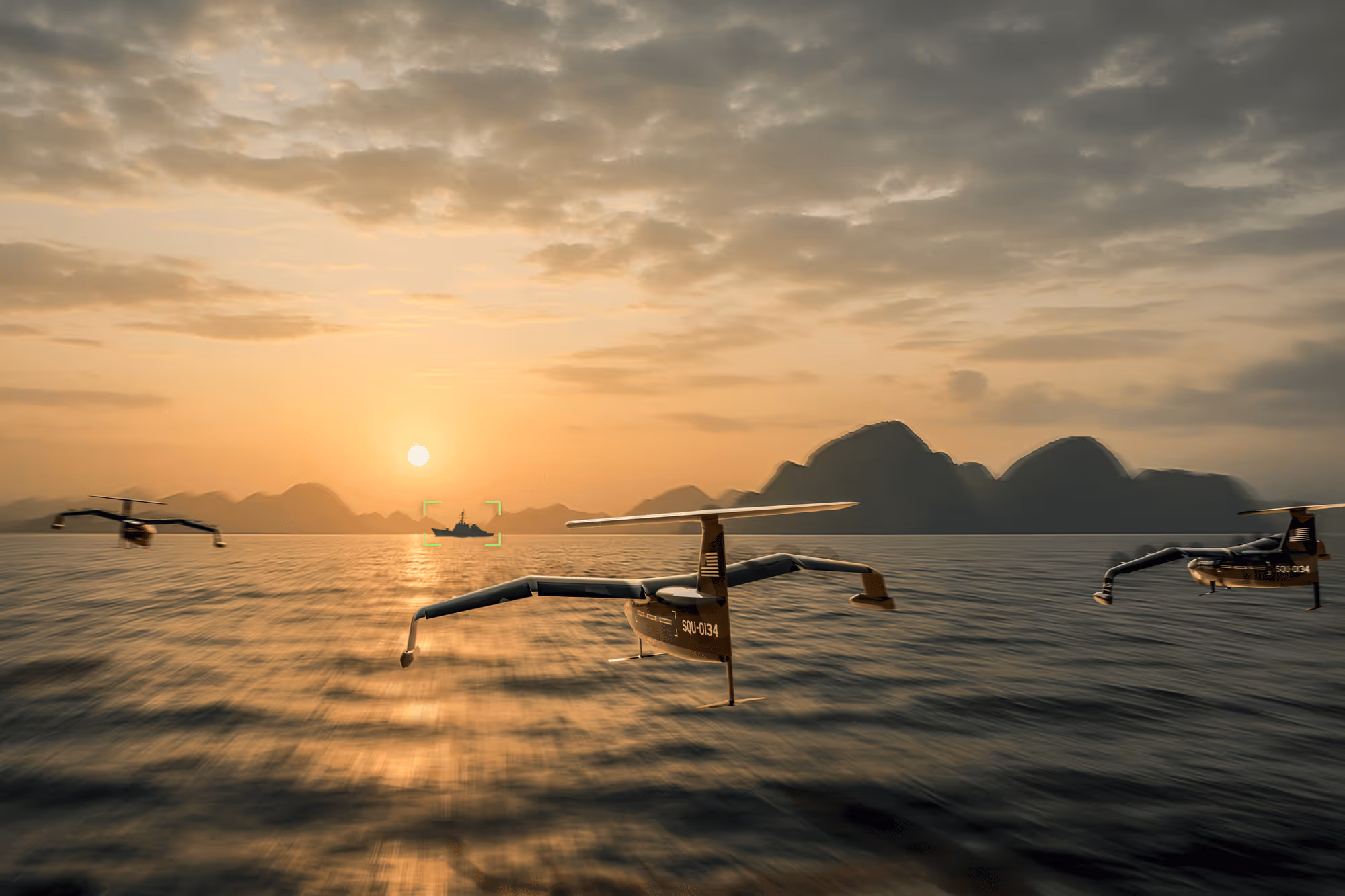 seagliders flying into the sunset over the ocean with mountains in the background