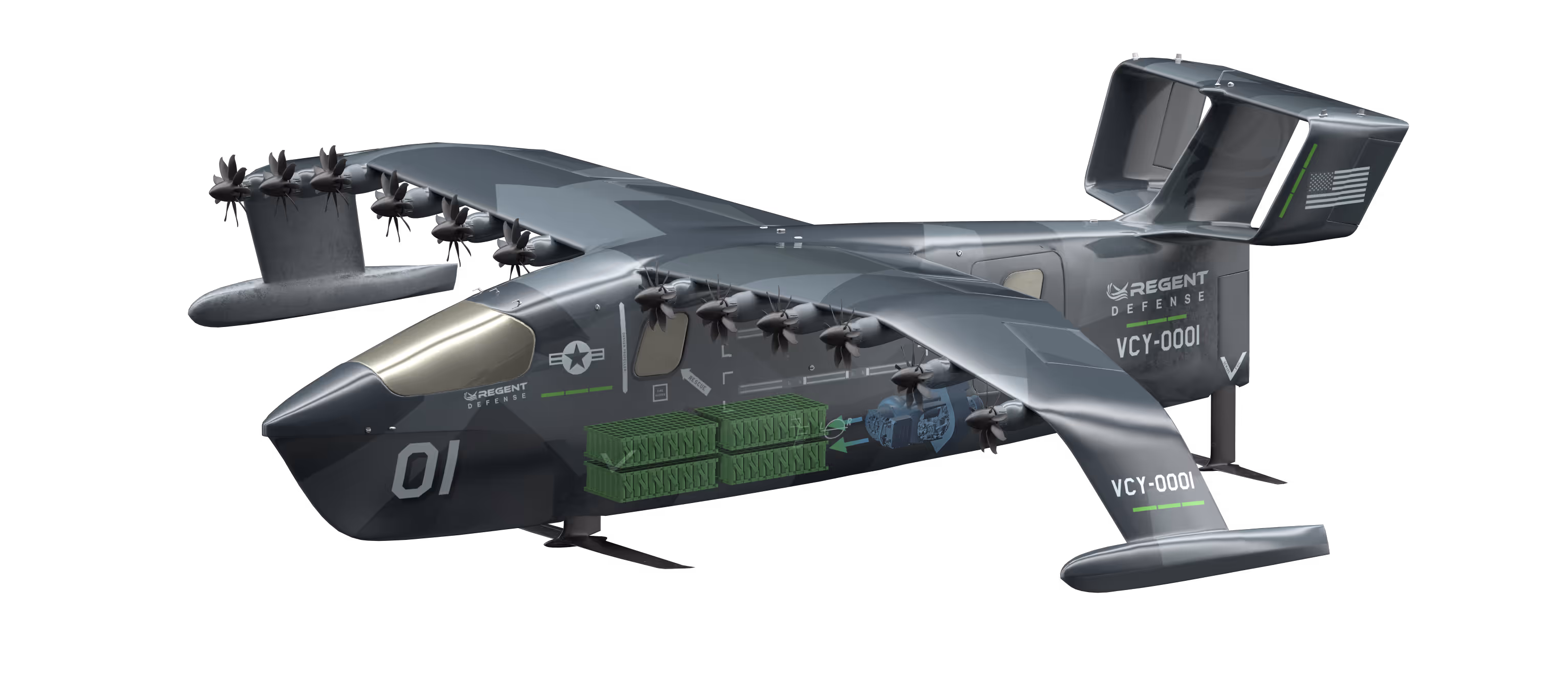 render of crewed viceroy with a transparent render showing where the batteries and engine are