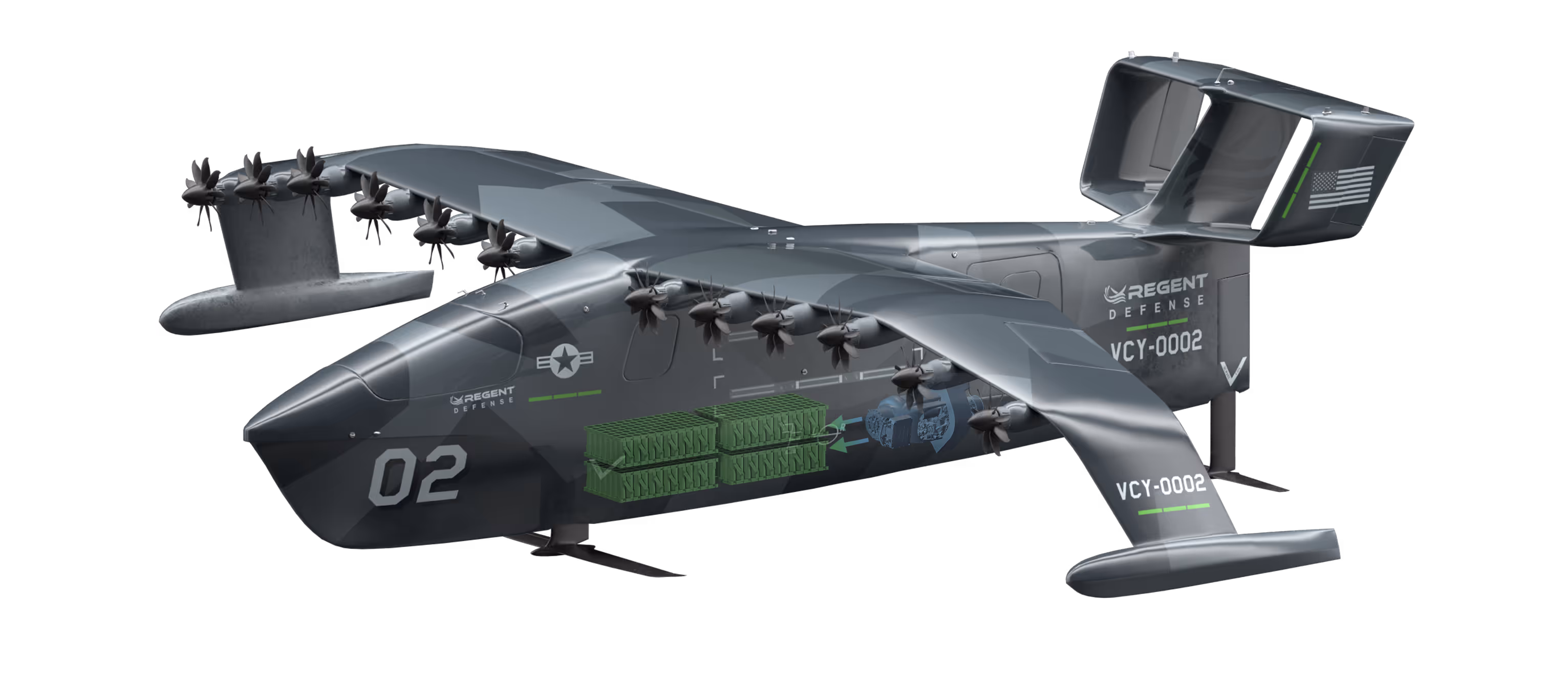 render of autonomous viceroy with a transparent render showing where the batteries and engine are