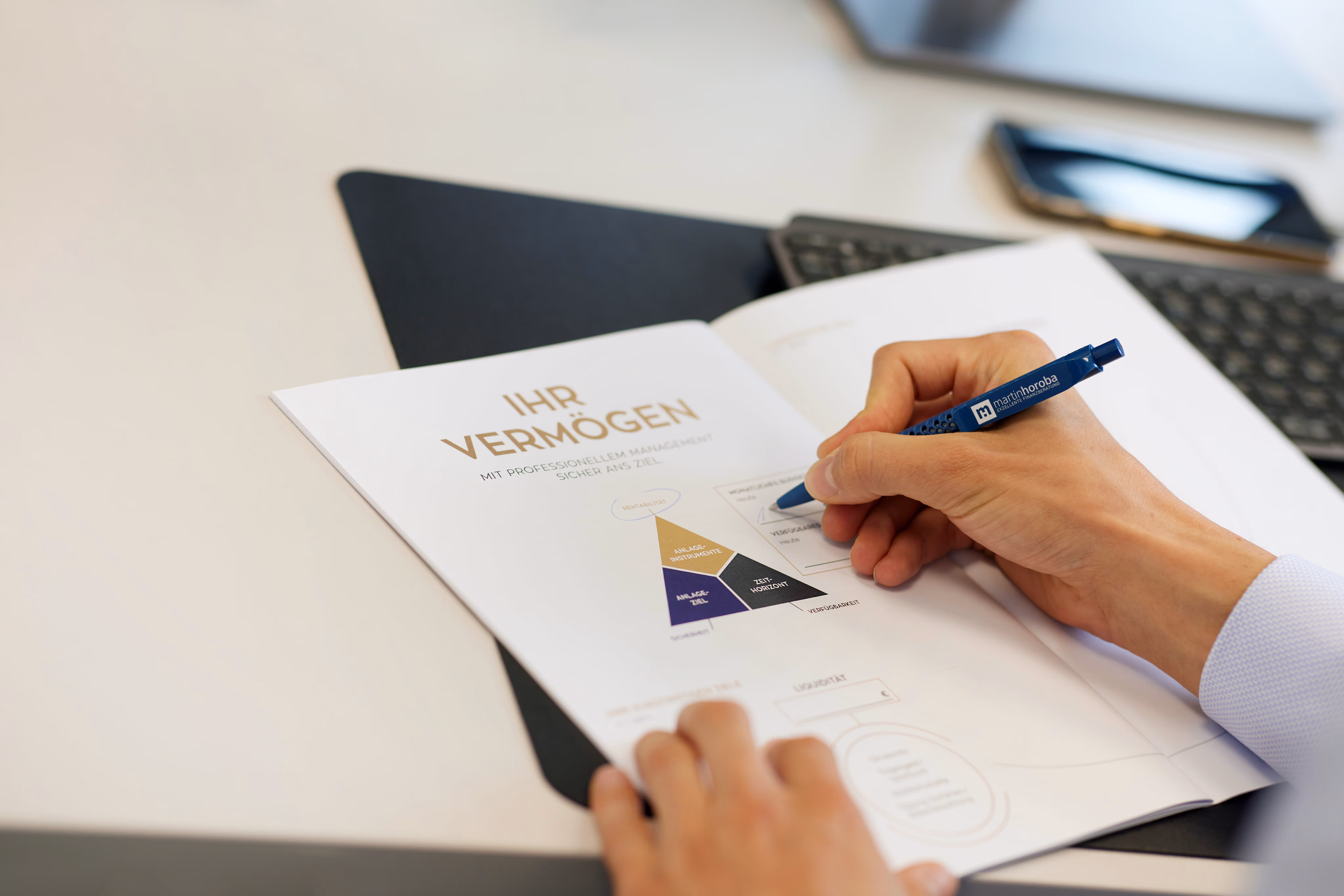Einblick in die Arbeit der HOROBA Vermögensmanufaktur: Finanzstrategie-Dokument mit dem Titel ‚Ihr Vermögen‘, symbolisch für strukturierte und vertrauensvolle Finanzberatung.