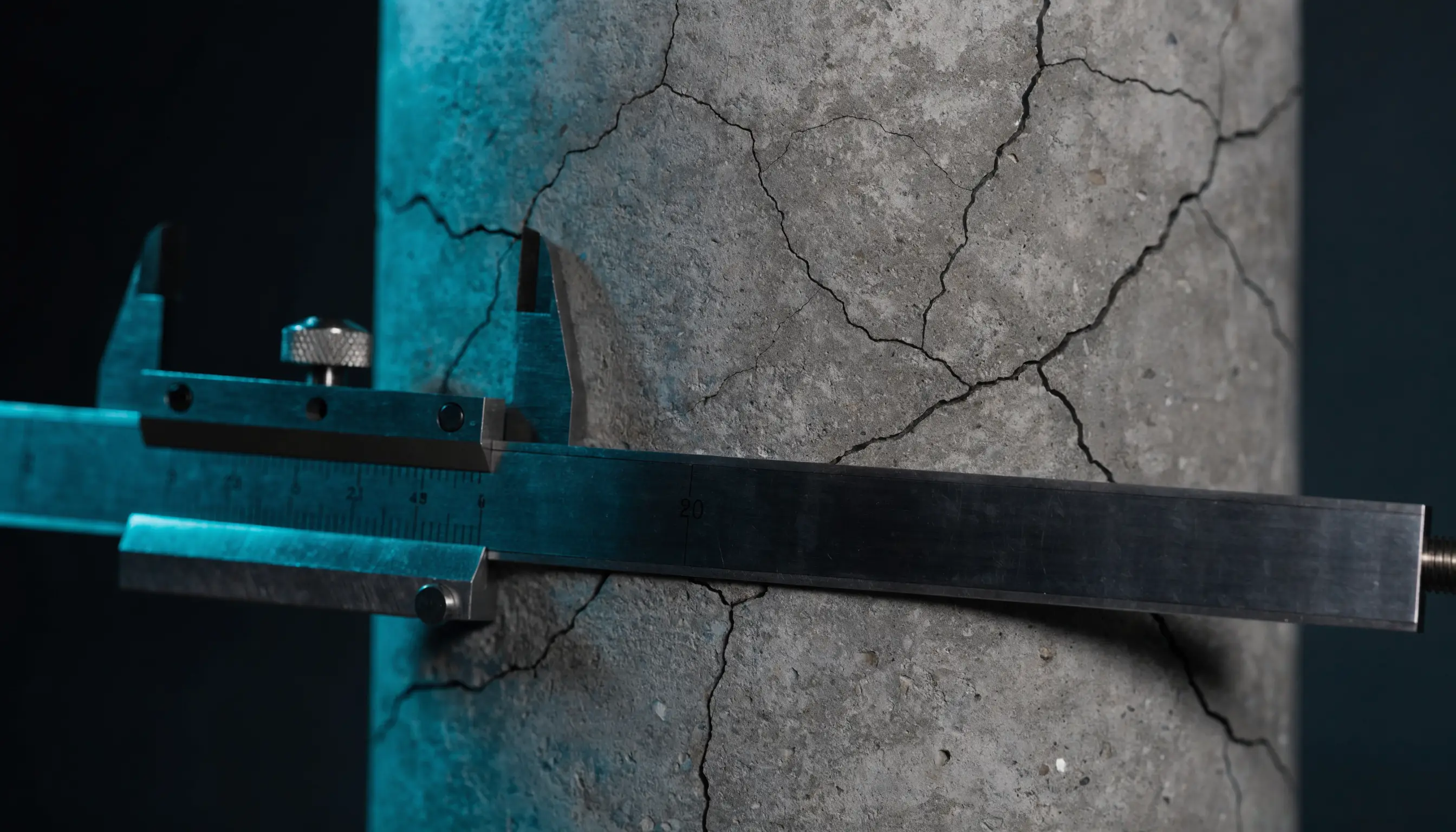 A precision steel caliper measuring a cracked concrete pillar — a visual metaphor for auditing the word 'resilient'.