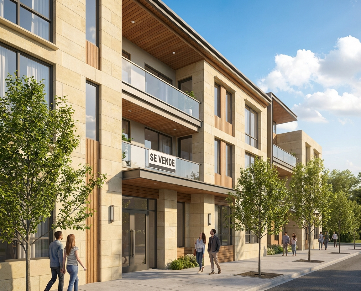 Fachada de un edificio moderno con cartel de 'Se vende', representando una vivienda sin cédula de habitabilidad
