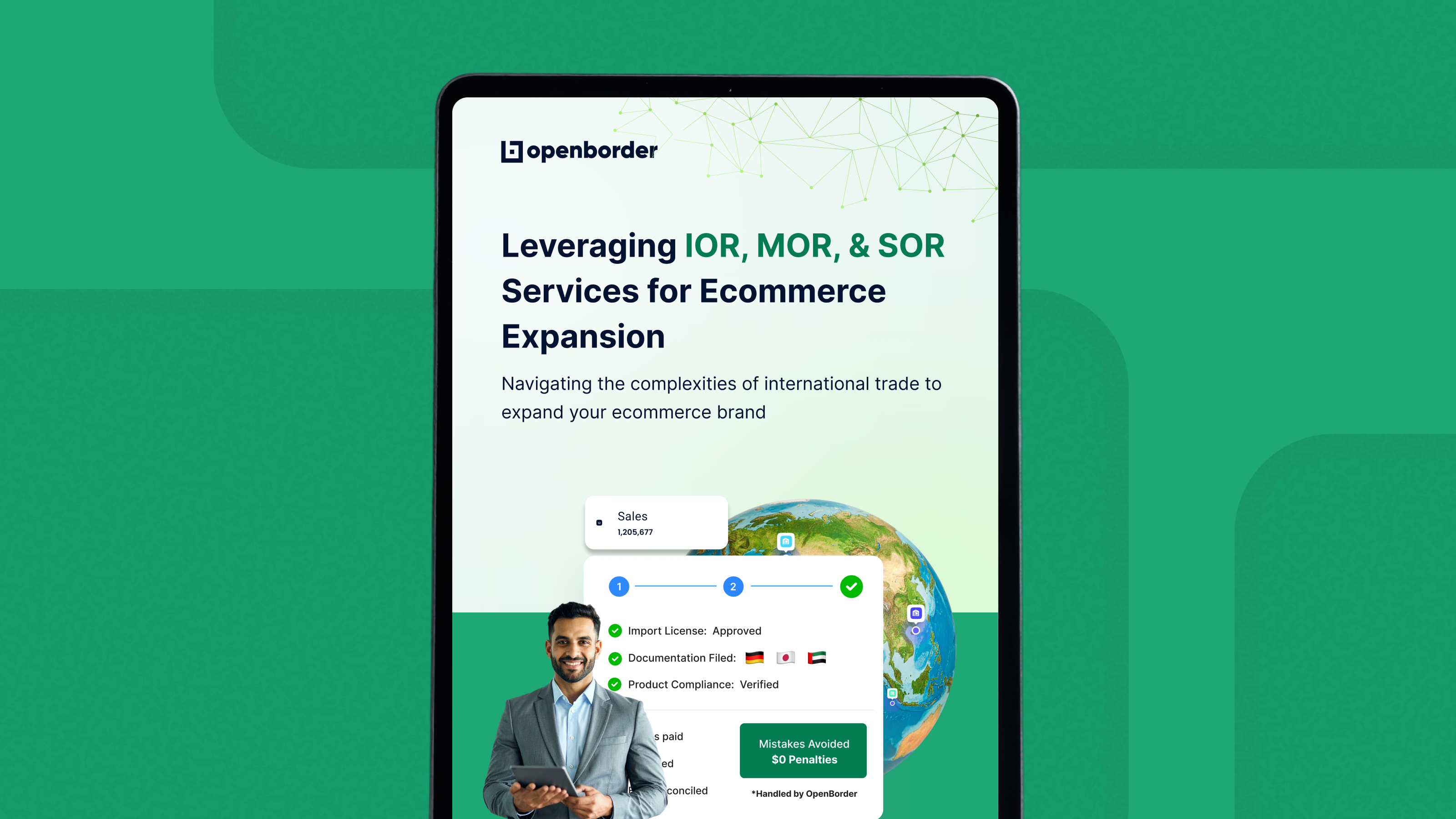 Cover of OpenBorder's IOR, MOR and SOR services guide: a man with a tablet beside an import compliance checklist and a globe