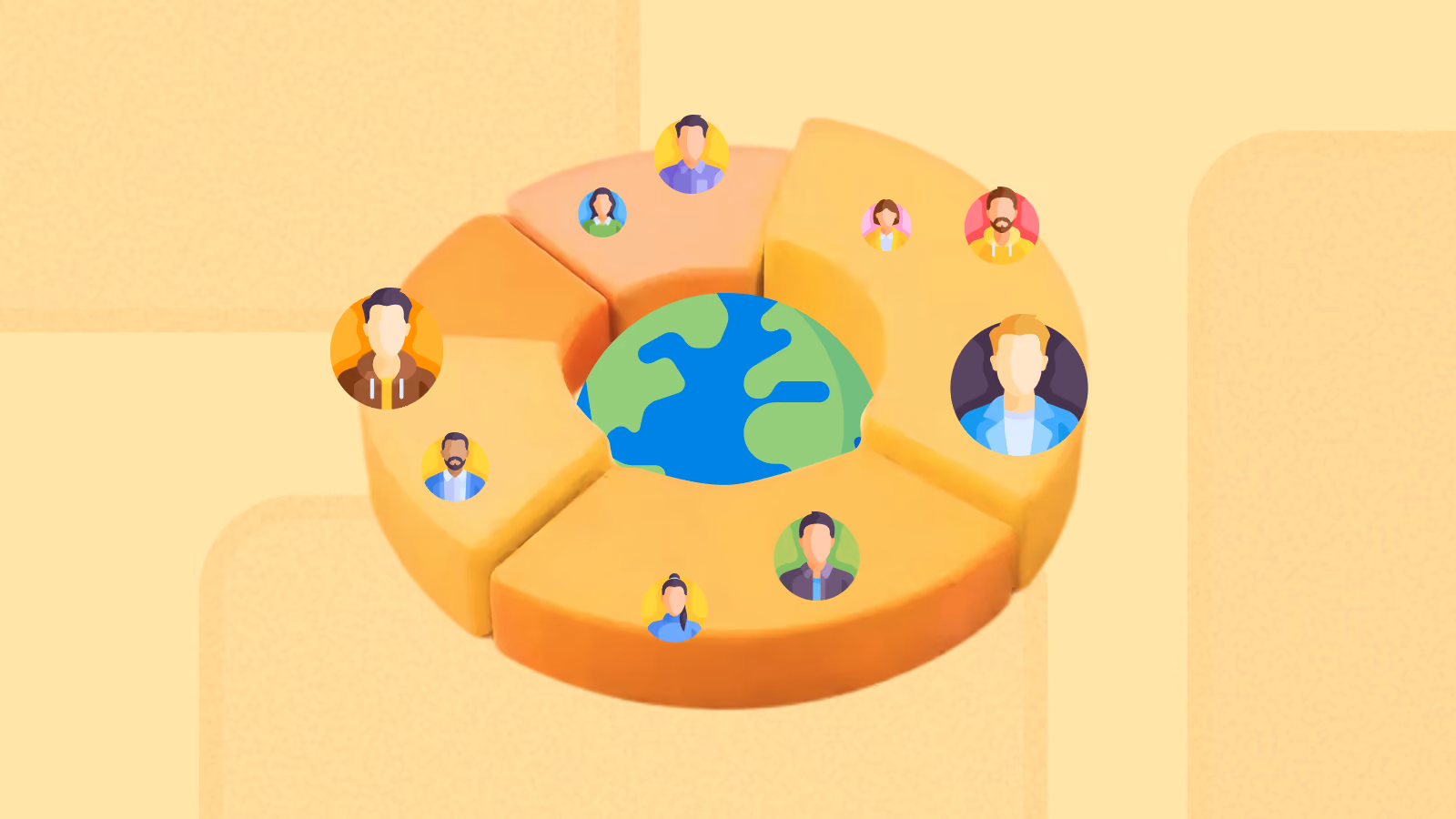Segmented ring chart around a globe, with avatars of different customers placed across the segments