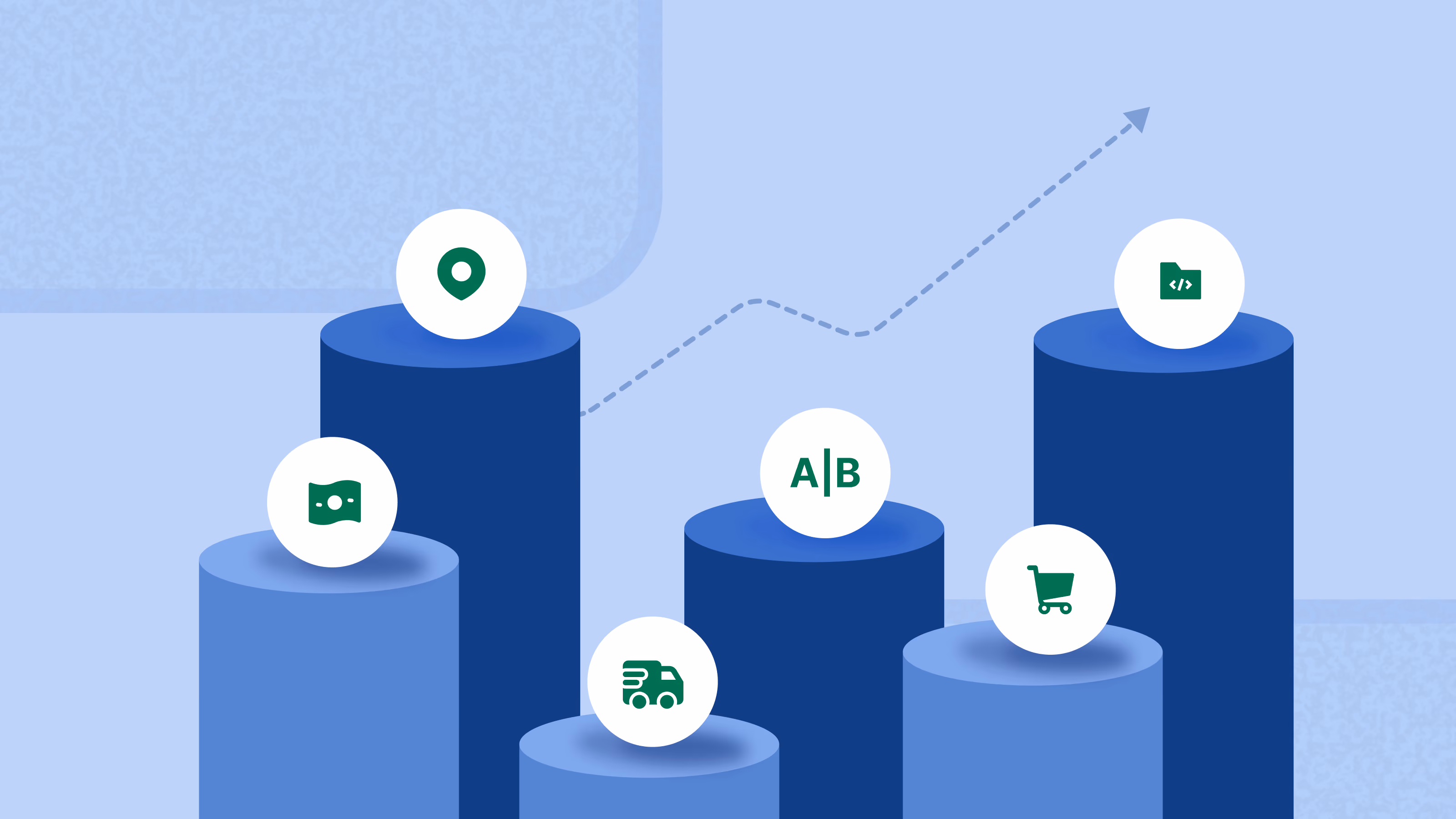 Location pin, cash, delivery truck, A/B, shopping cart and code folder icons on blue columns under a rising dashed arrow