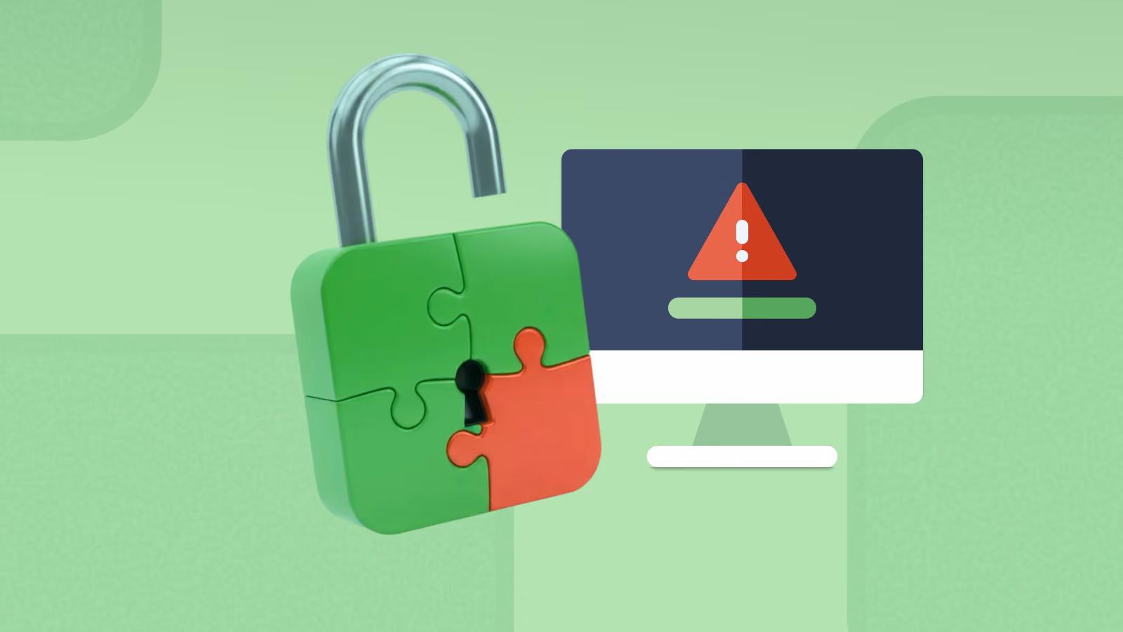 Open padlock built from puzzle pieces, one of them red, next to a computer screen showing a red warning sign