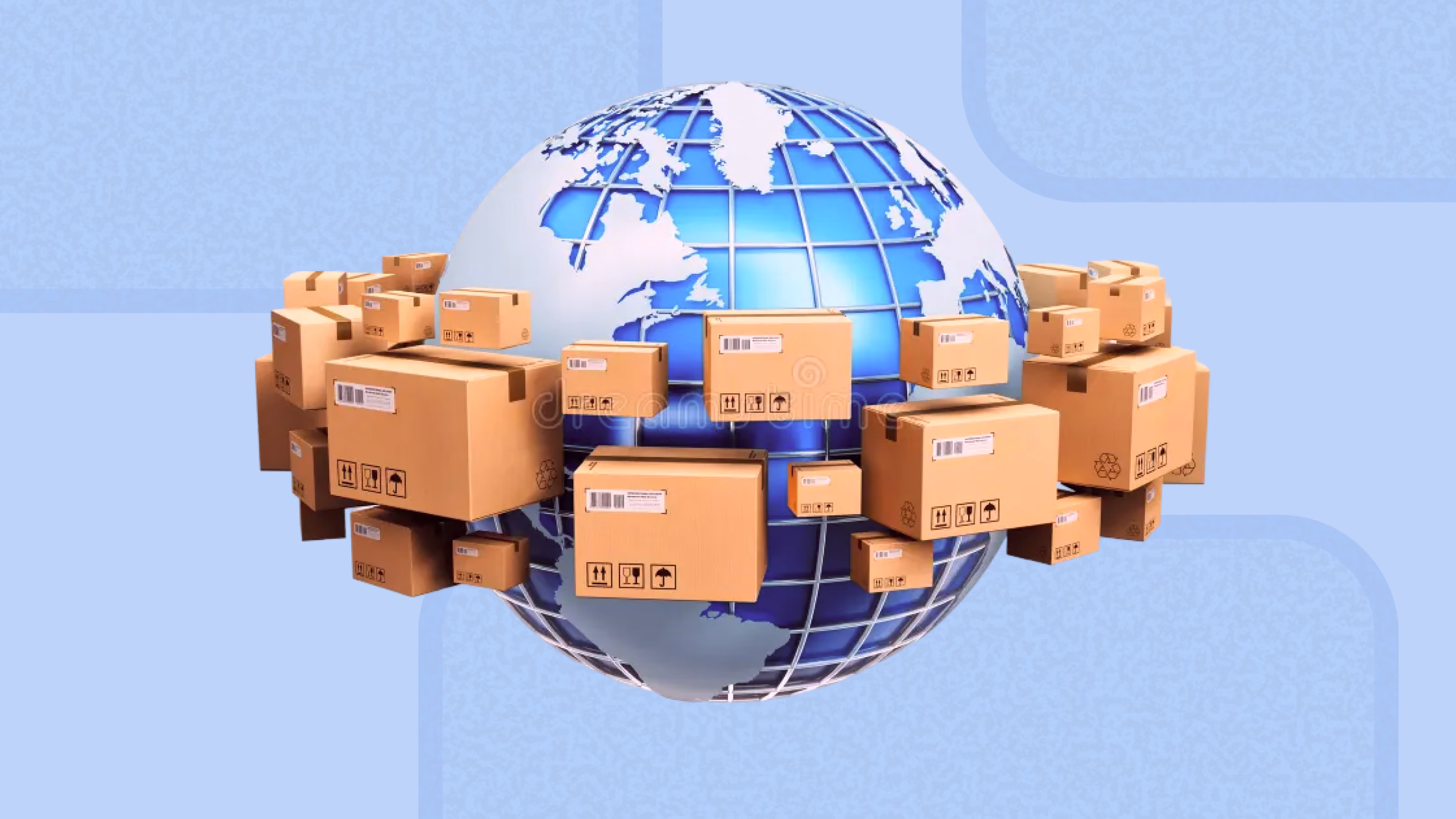 Cardboard parcels of different sizes circling a blue wireframe globe