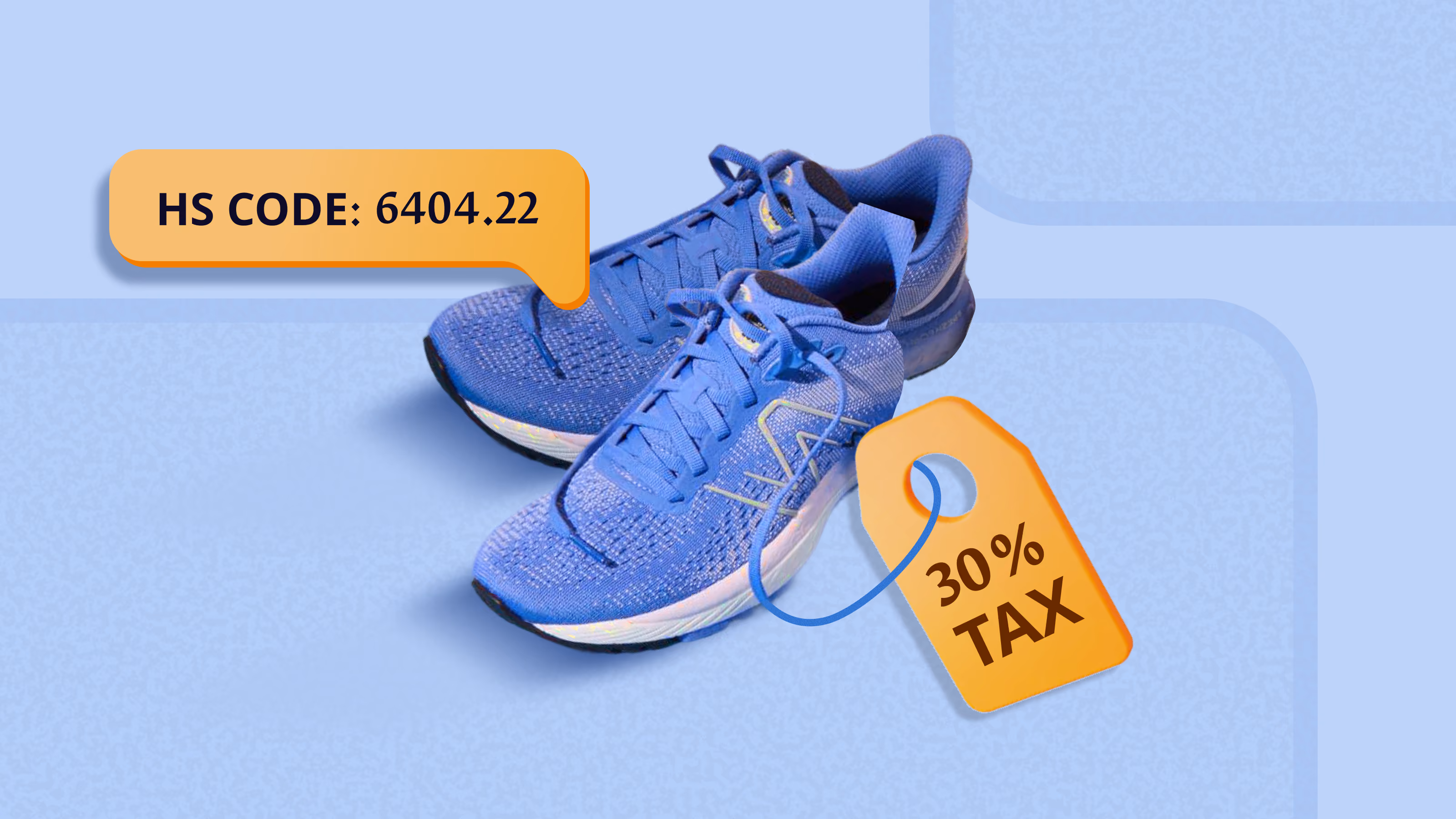 Pair of blue running shoes with an HS code callout and a tag reading 30% tax