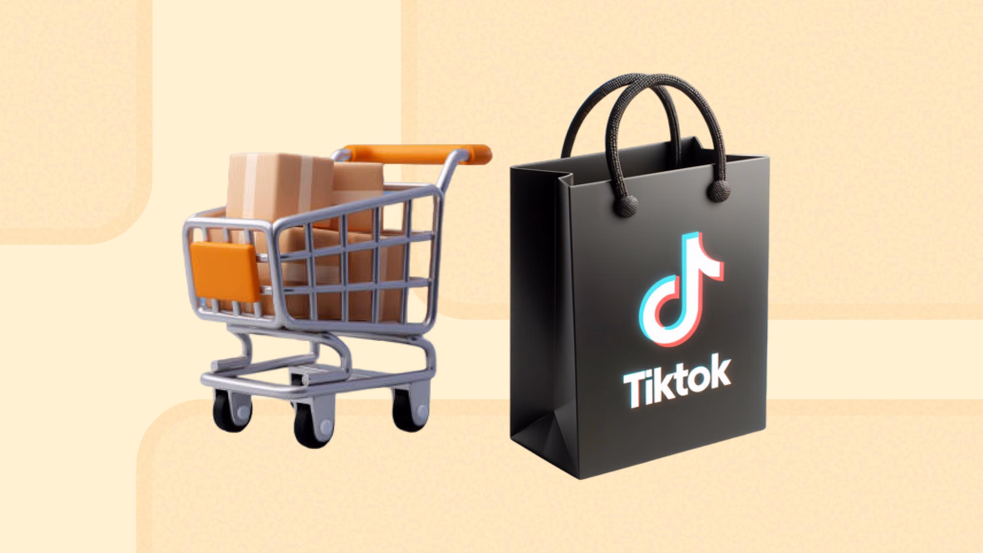 Shopping cart full of parcels beside a black shopping bag printed with the TikTok logo